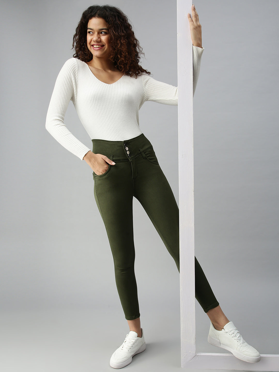 Women's Olive Solid Denim Skinny Jeans