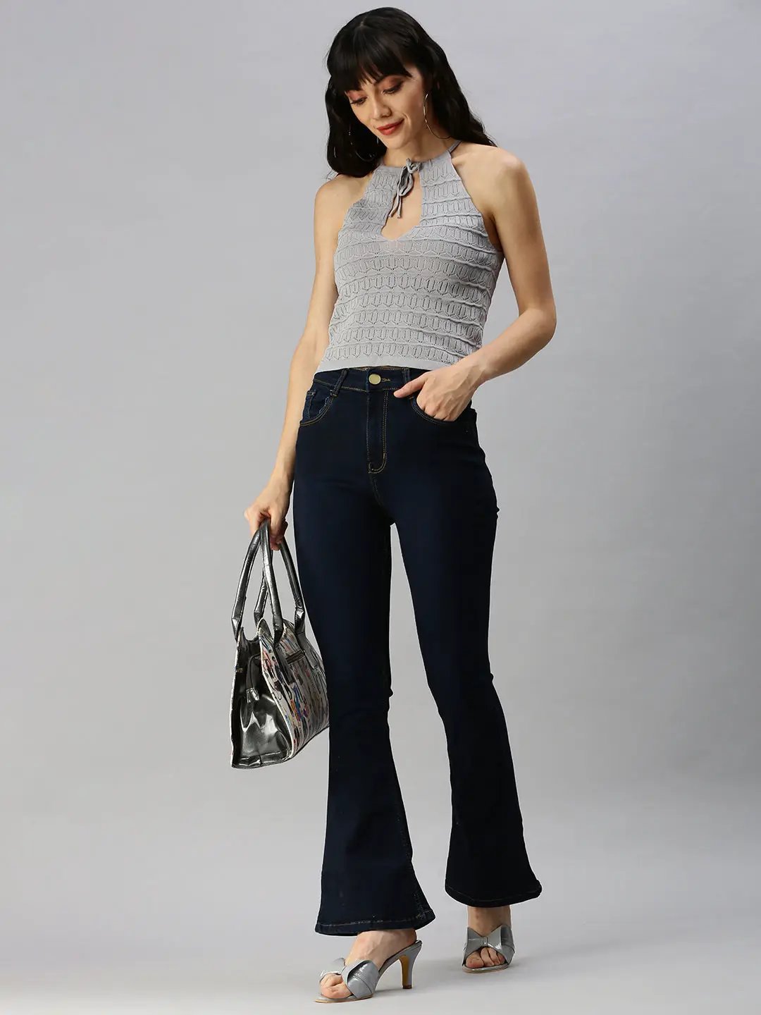 Women's Blue Solid Straight Fit Denim Jeans