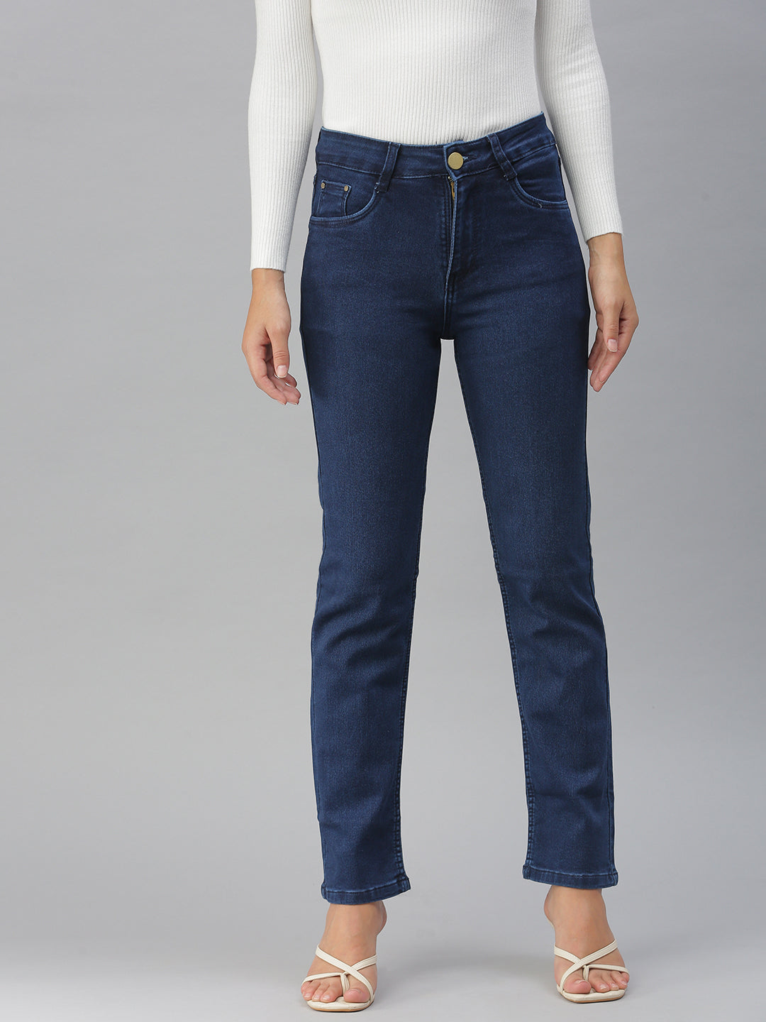 Women's Navy Blue Solid Straight Fit Denim Jeans