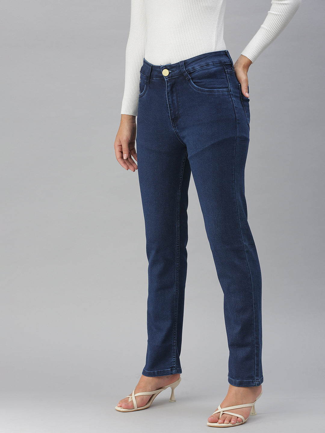 Women's Navy Blue Solid Straight Fit Denim Jeans