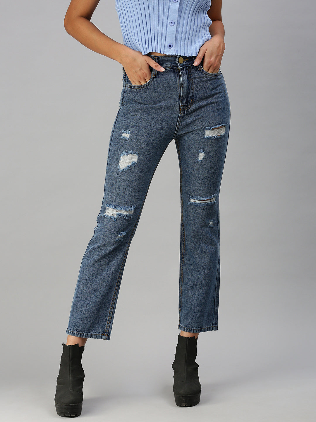 Women's Blue Solid Straight Fit Denim Jeans