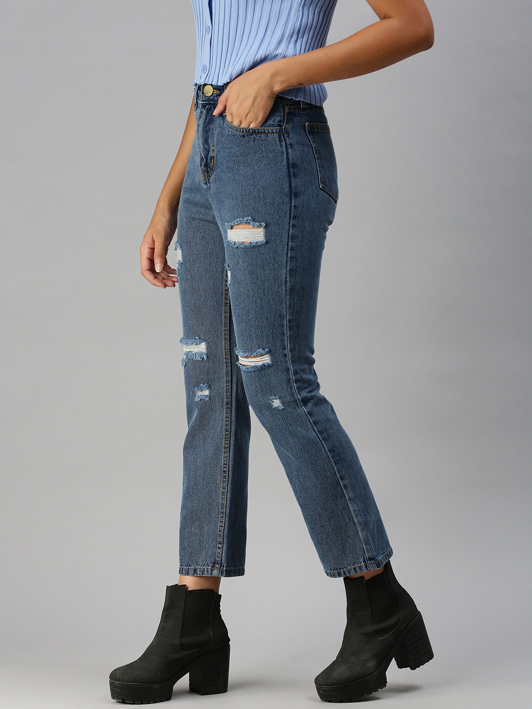 Women's Blue Solid Straight Fit Denim Jeans