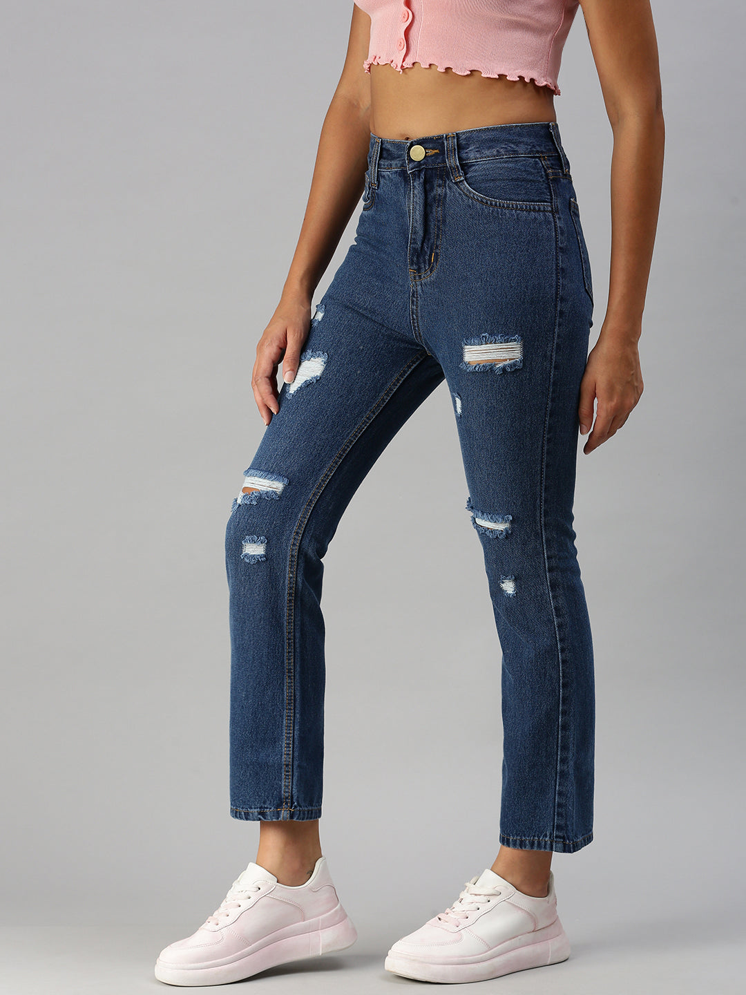 Women's Blue Solid Straight Fit Denim Jeans