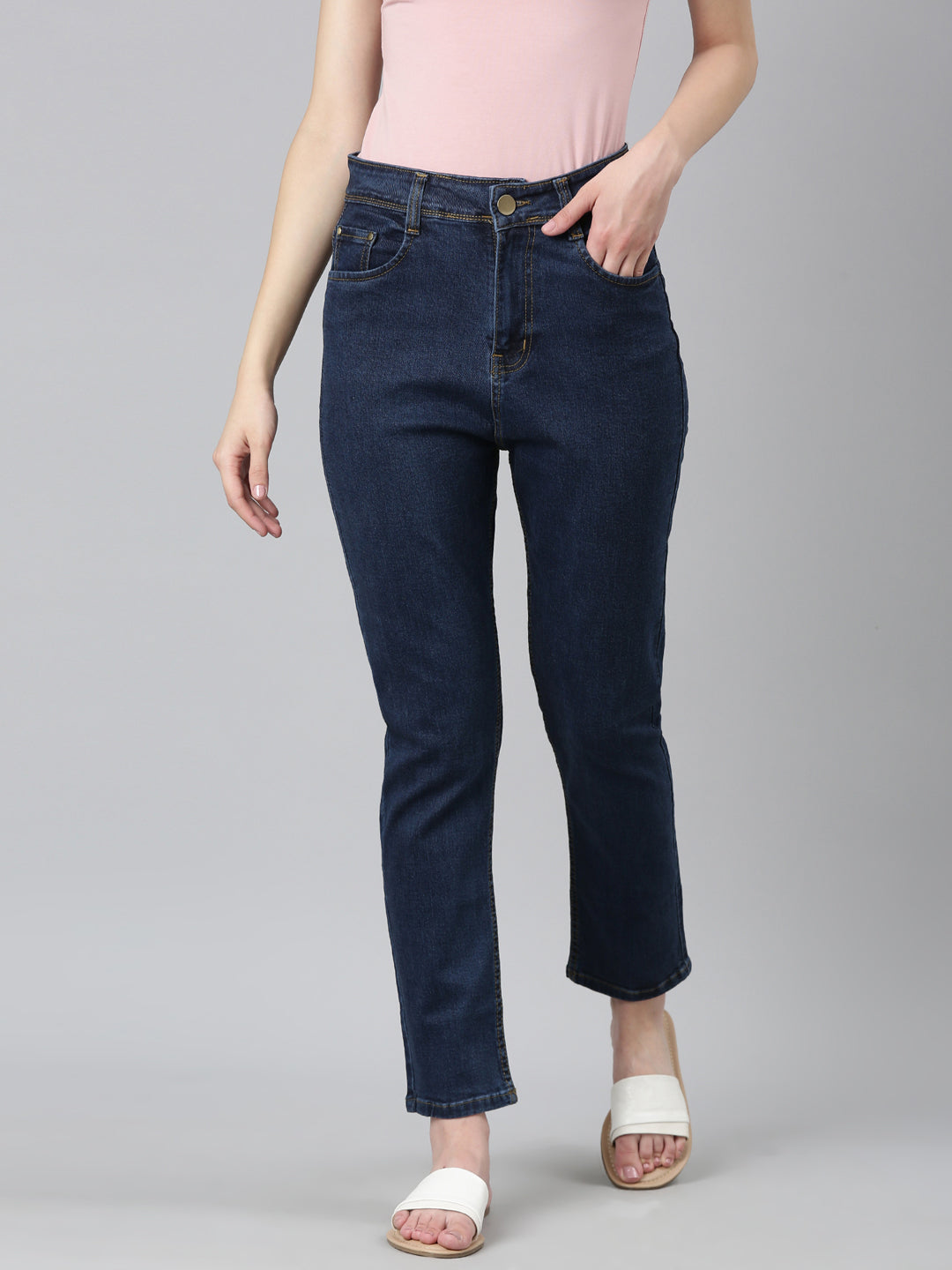 Women Blue Solid Regular Fit Denim Jeans