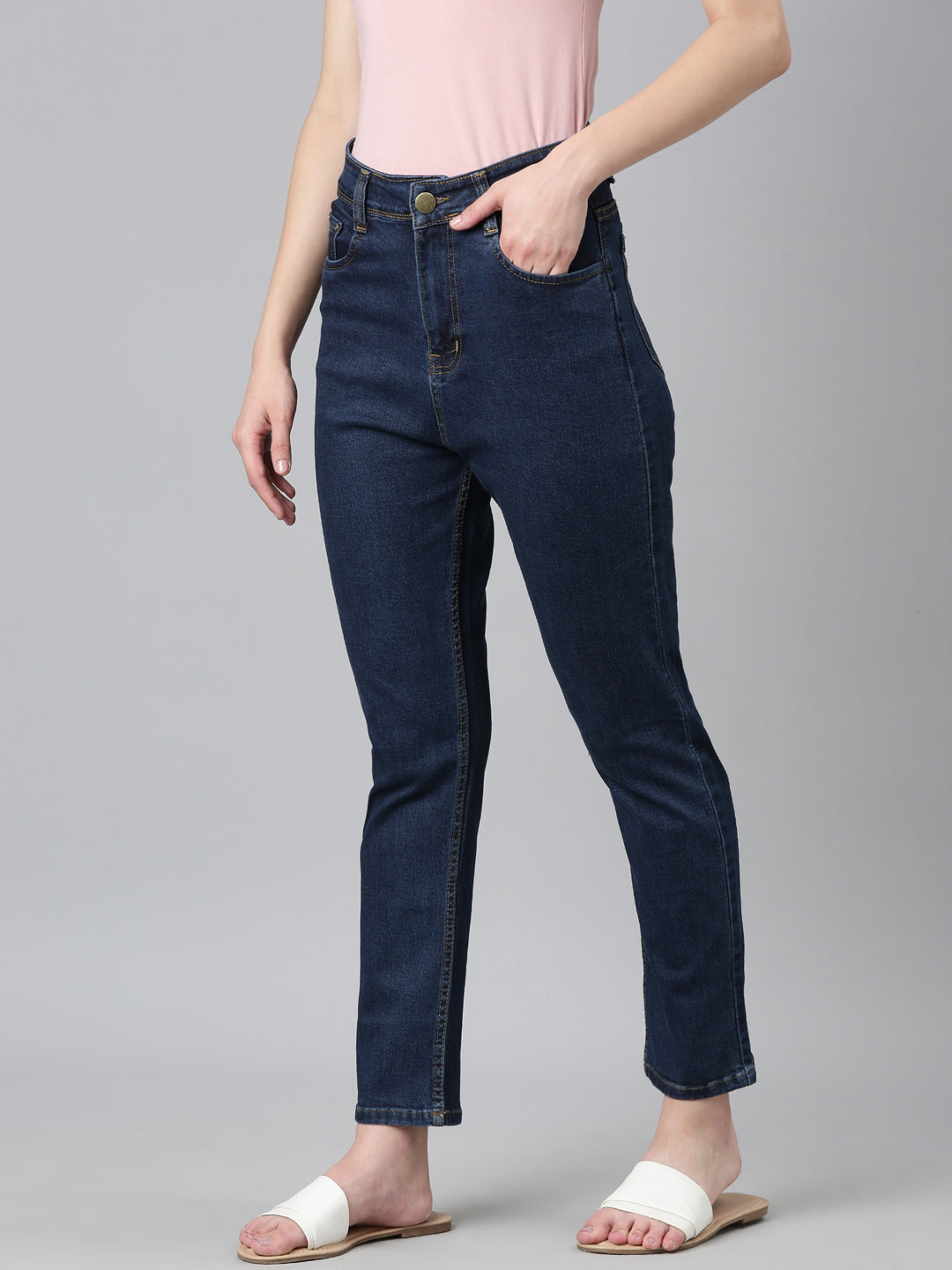 Women Blue Solid Regular Fit Denim Jeans