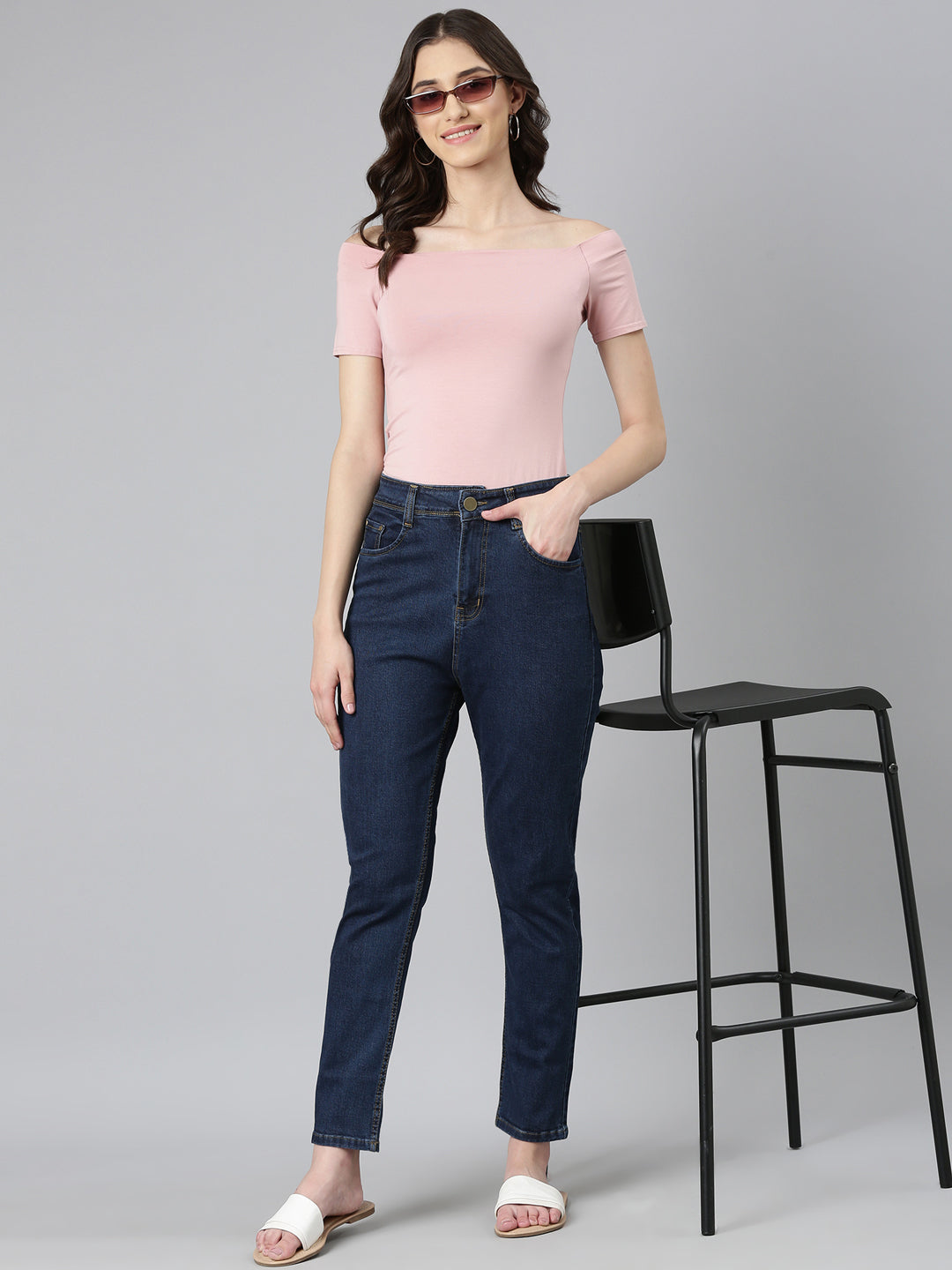 Women Blue Solid Regular Fit Denim Jeans