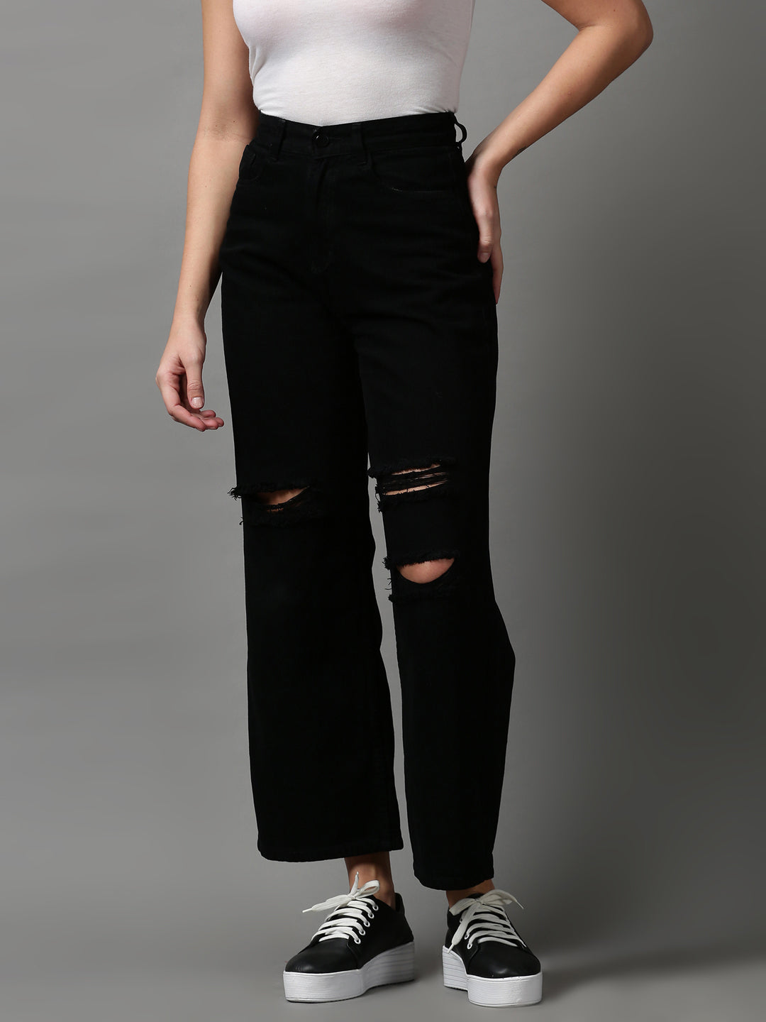 Women's Black Solid Wide Leg Denim Jeans