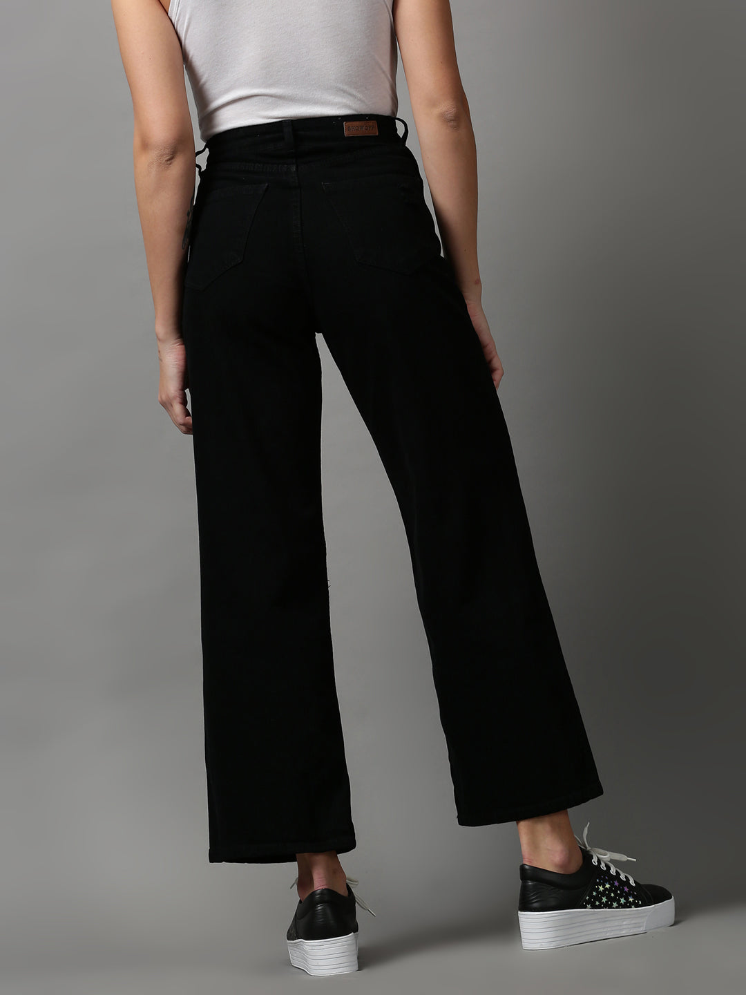 Women's Black Solid Wide Leg Denim Jeans