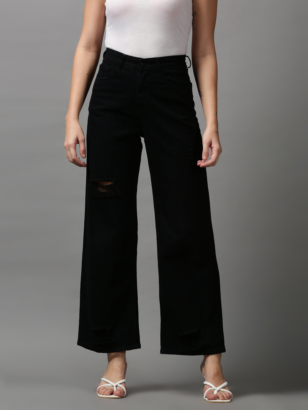 Women's Black Solid Wide Leg Denim Jeans