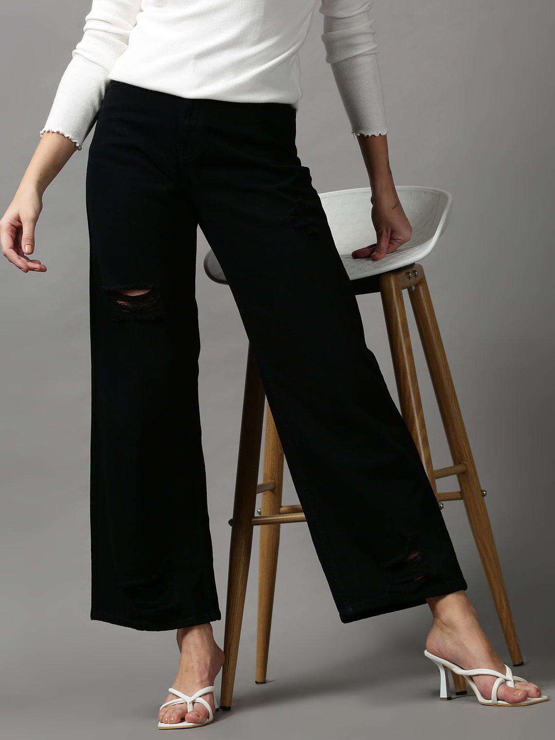 Women's Black Solid Wide Leg Denim Jeans