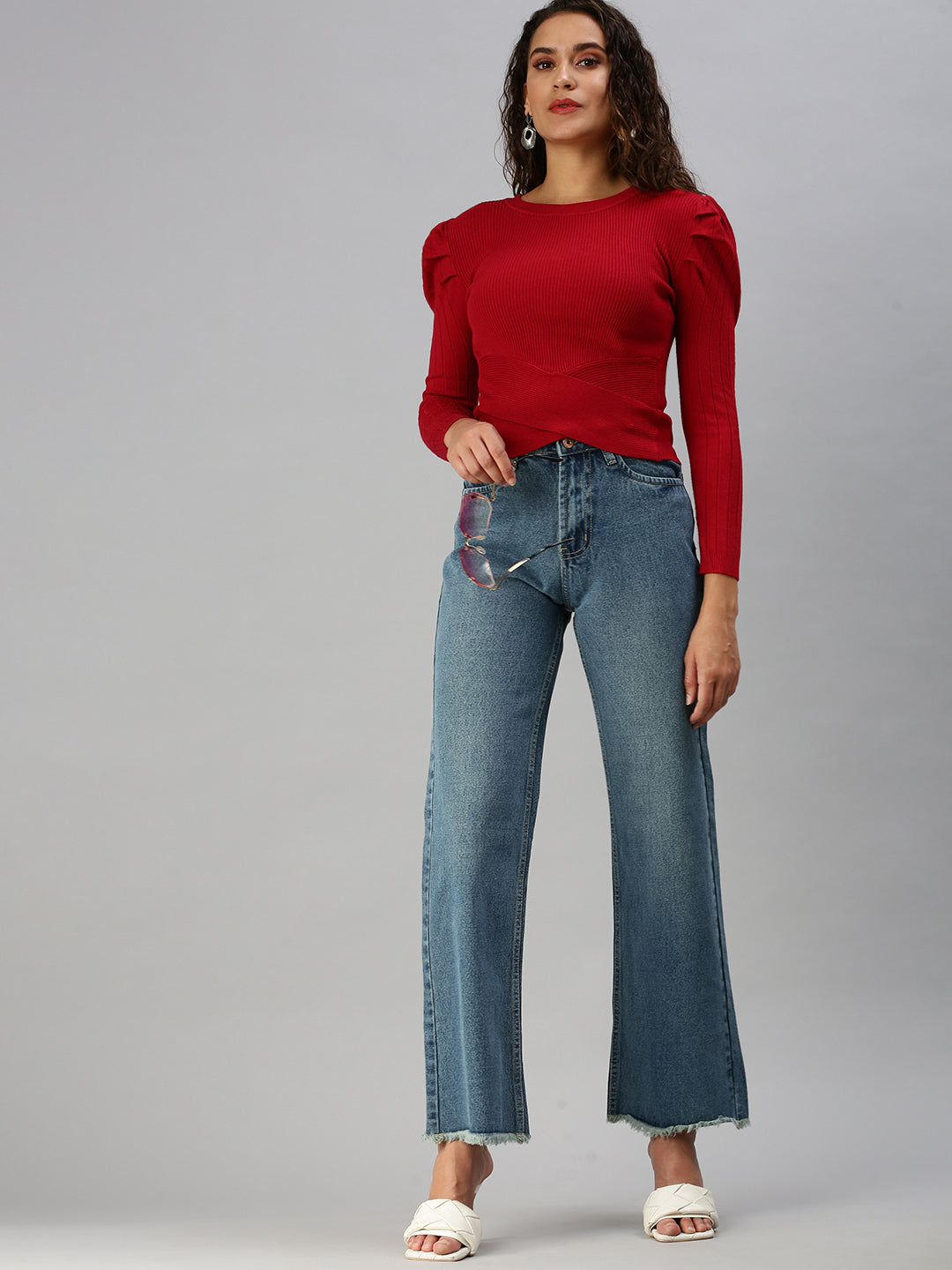 Women's Blue Wide Leg High-Rise Light Fade Denim Jeans