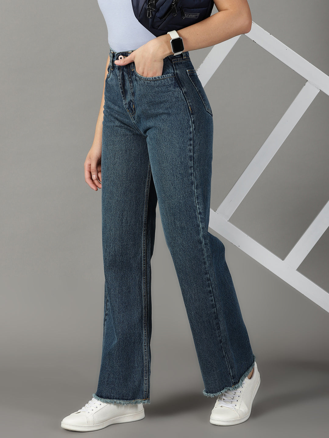 Women's Blue Solid Wide Leg Denim Jeans