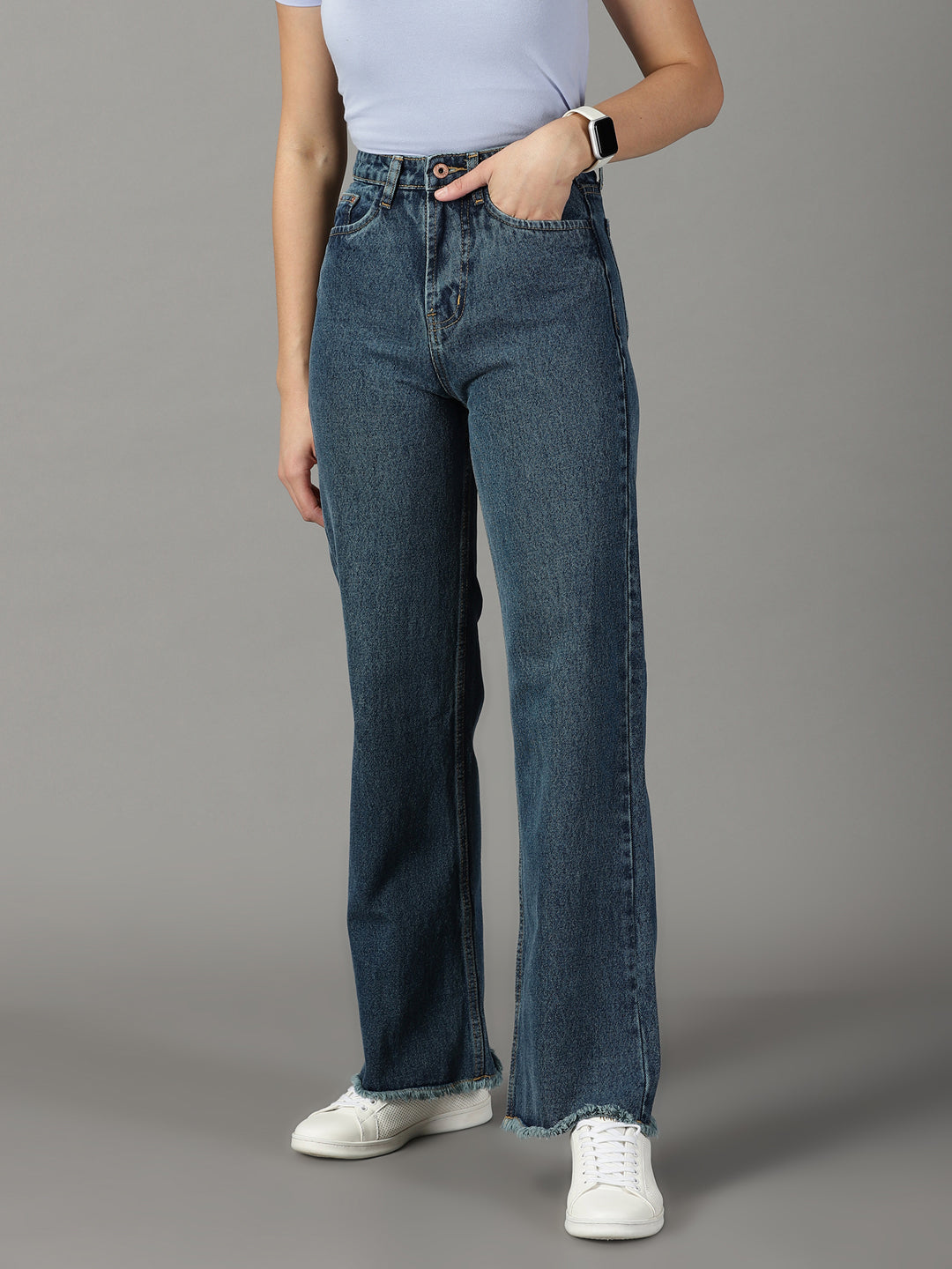 Women's Blue Solid Wide Leg Denim Jeans