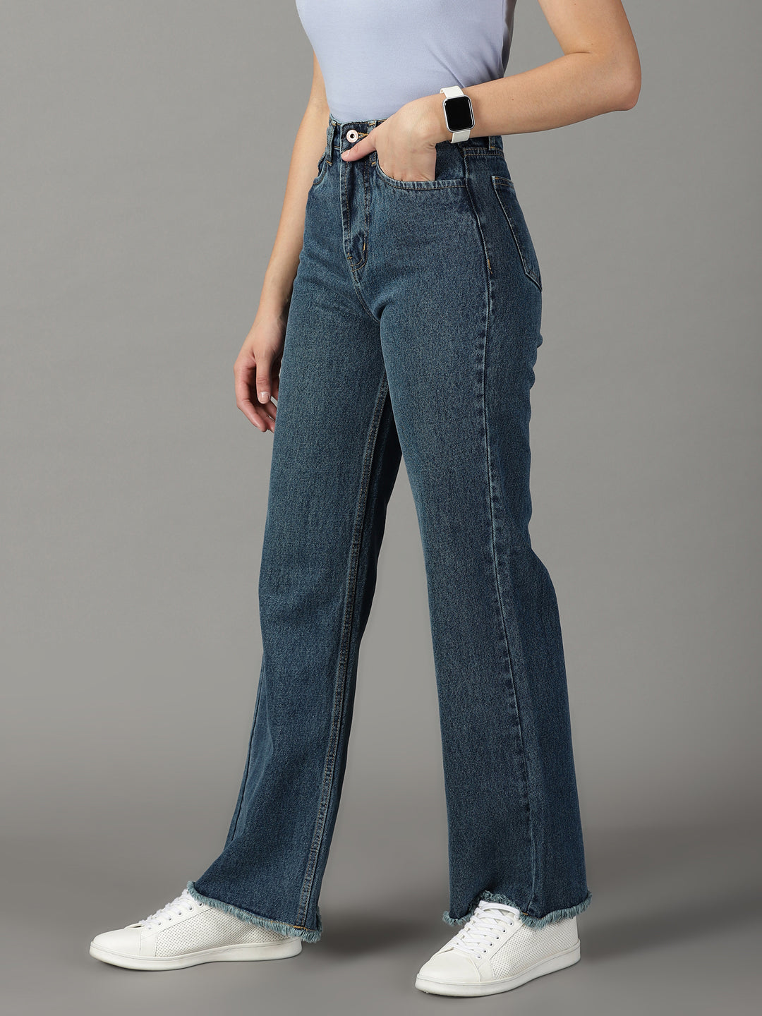 Women's Blue Solid Wide Leg Denim Jeans