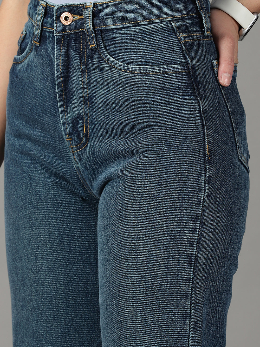 Women's Blue Solid Wide Leg Denim Jeans