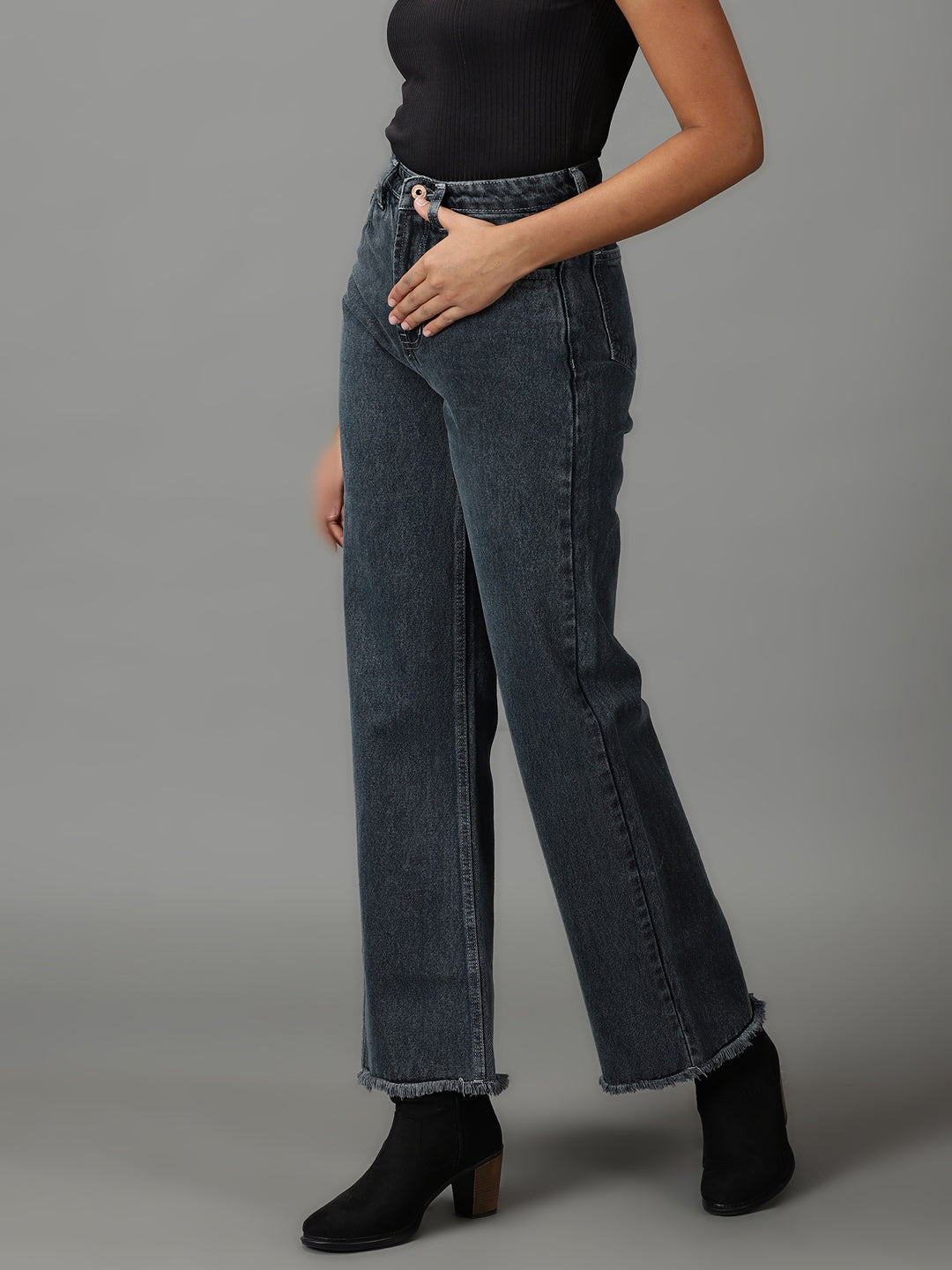 Women's Grey Solid Wide Leg Denim Jeans