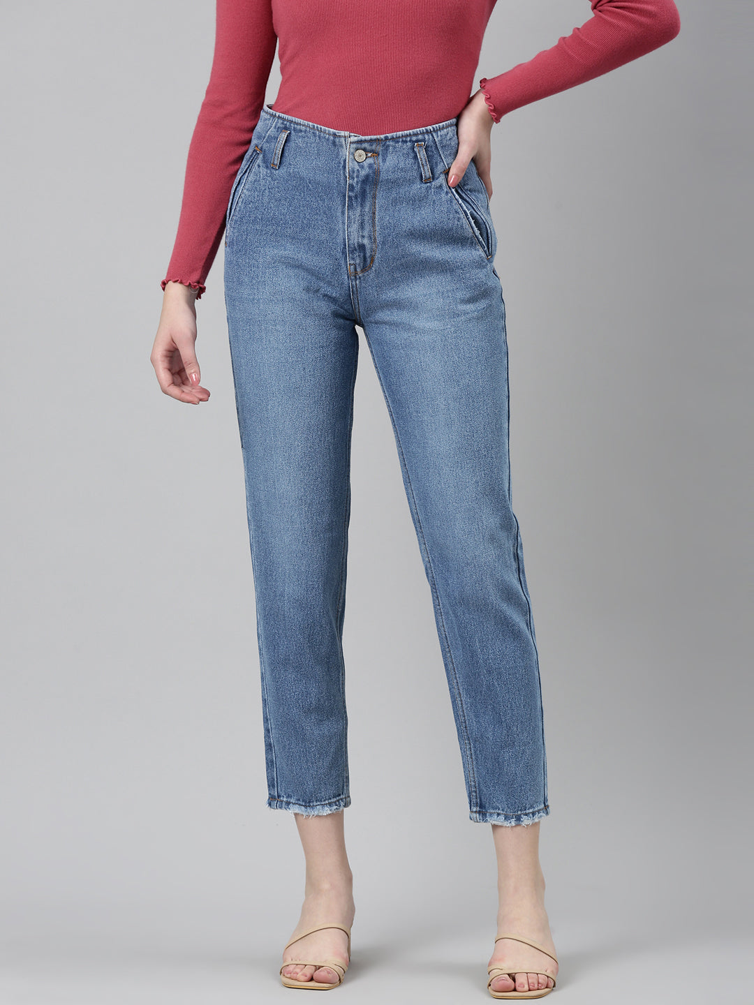 Women Blue Solid Regular Fit Denim Jeans