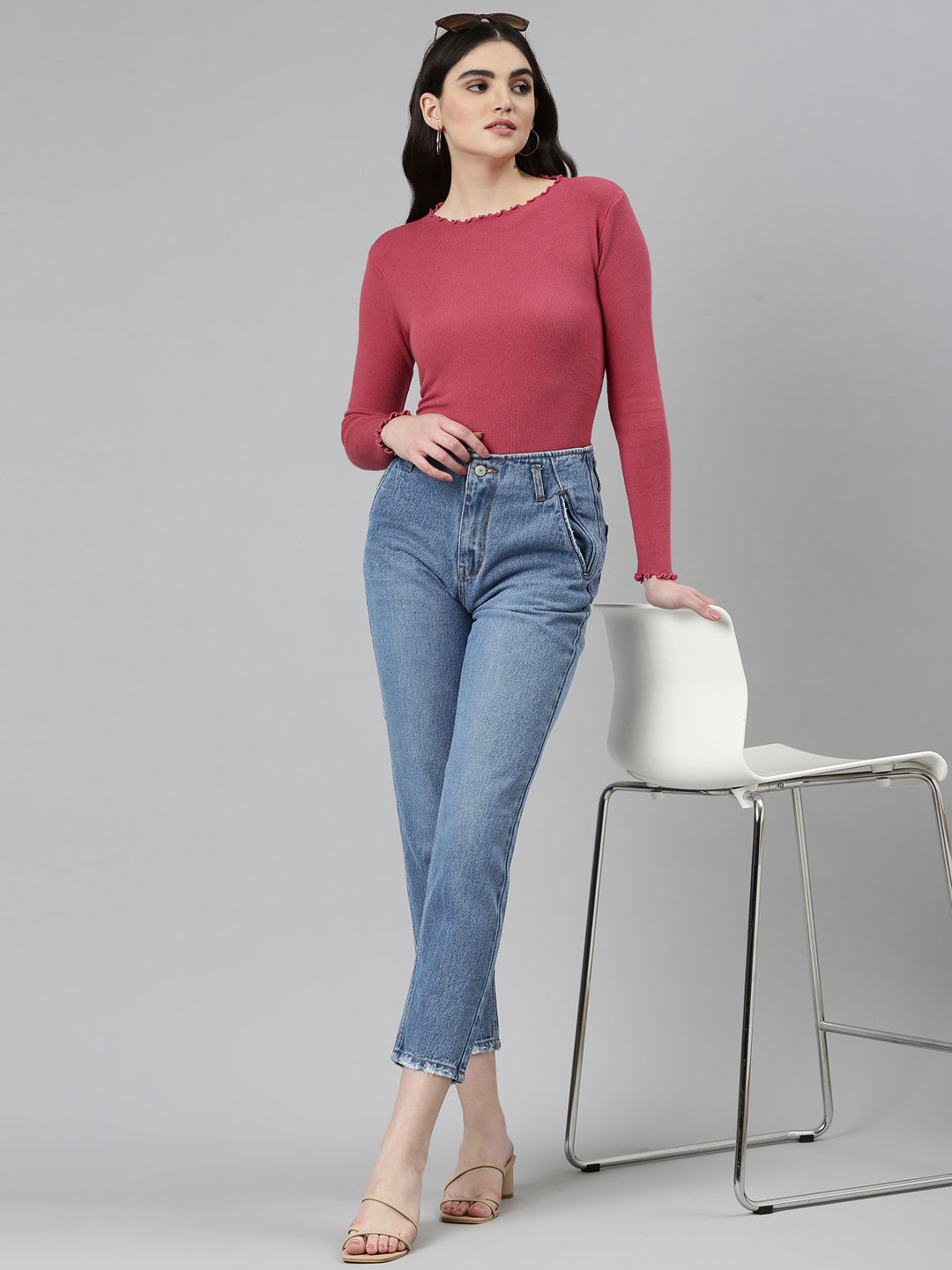 Women Blue Solid Regular Fit Denim Jeans