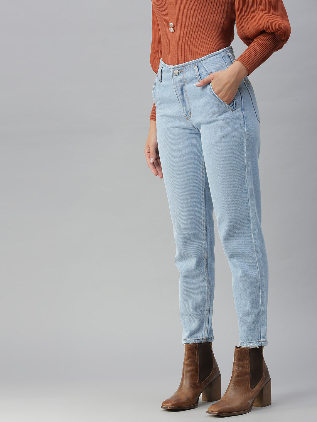 Women's Blue Solid Mom Fit Denim Jeans