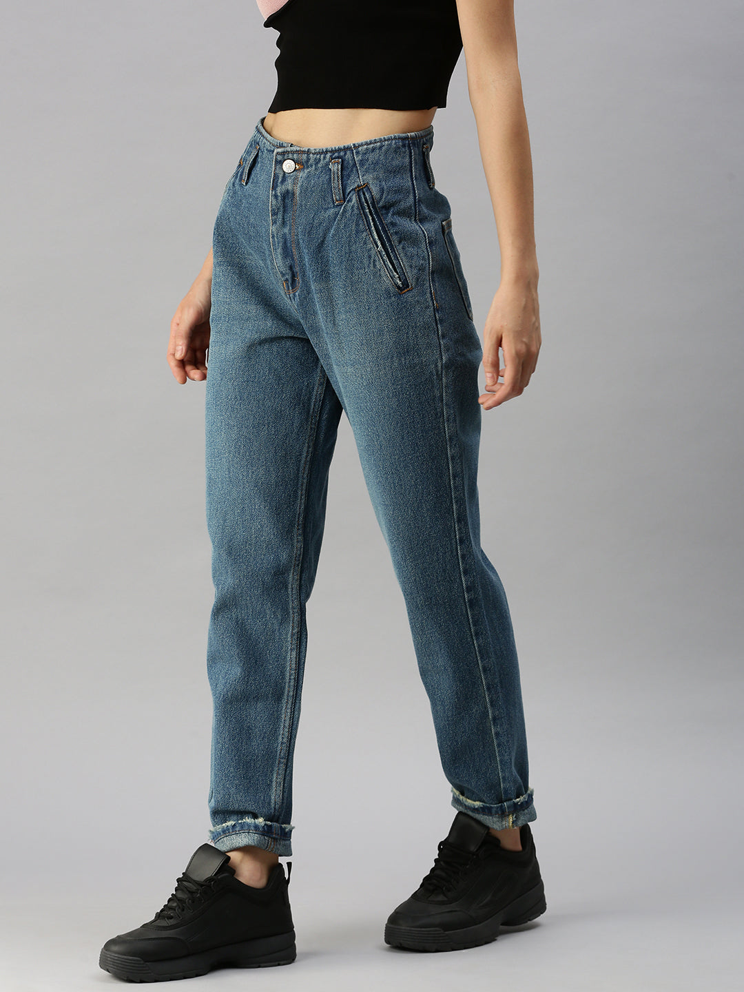 Women's Blue Solid Mom Fit Denim Jeans