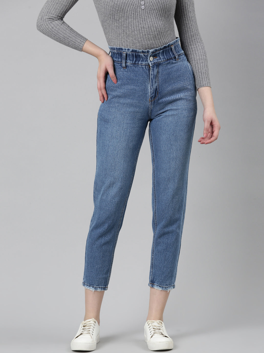 Women Blue Solid Regular Fit Denim Jeans