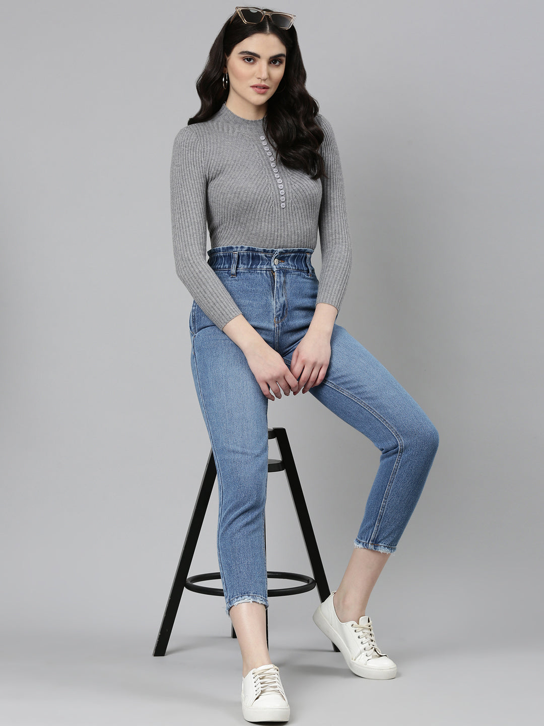 Women Blue Solid Regular Fit Denim Jeans