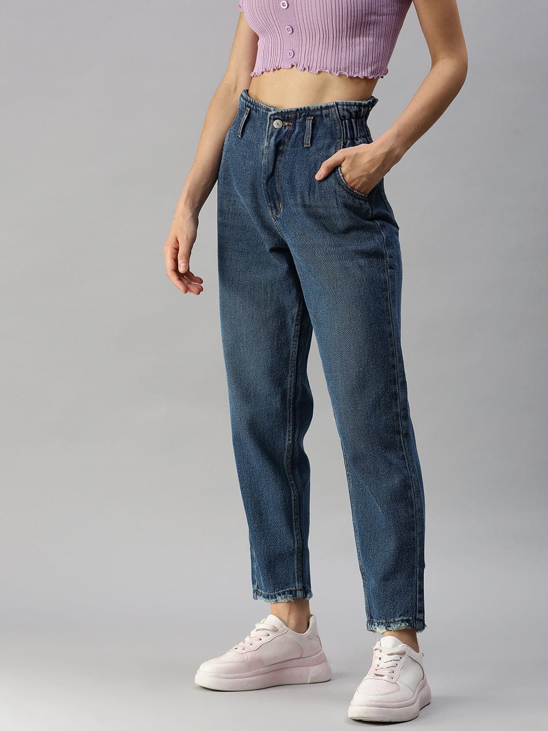 Women's Blue Solid Mom Fit Denim Jeans