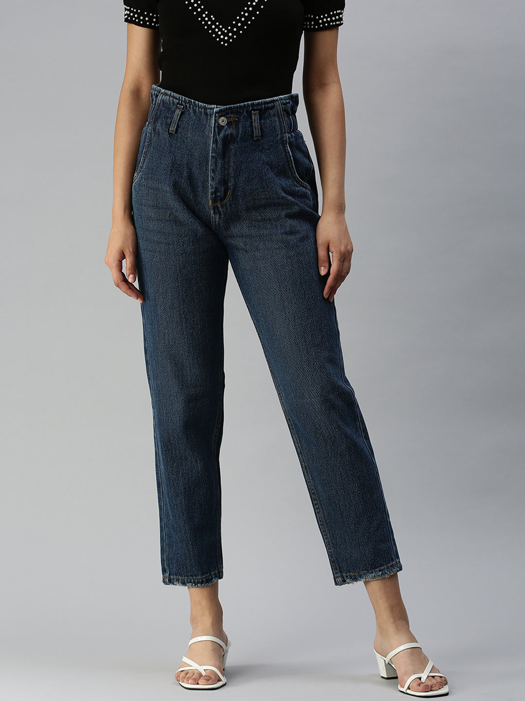 Women's Blue Solid Mom Fit Denim Jeans