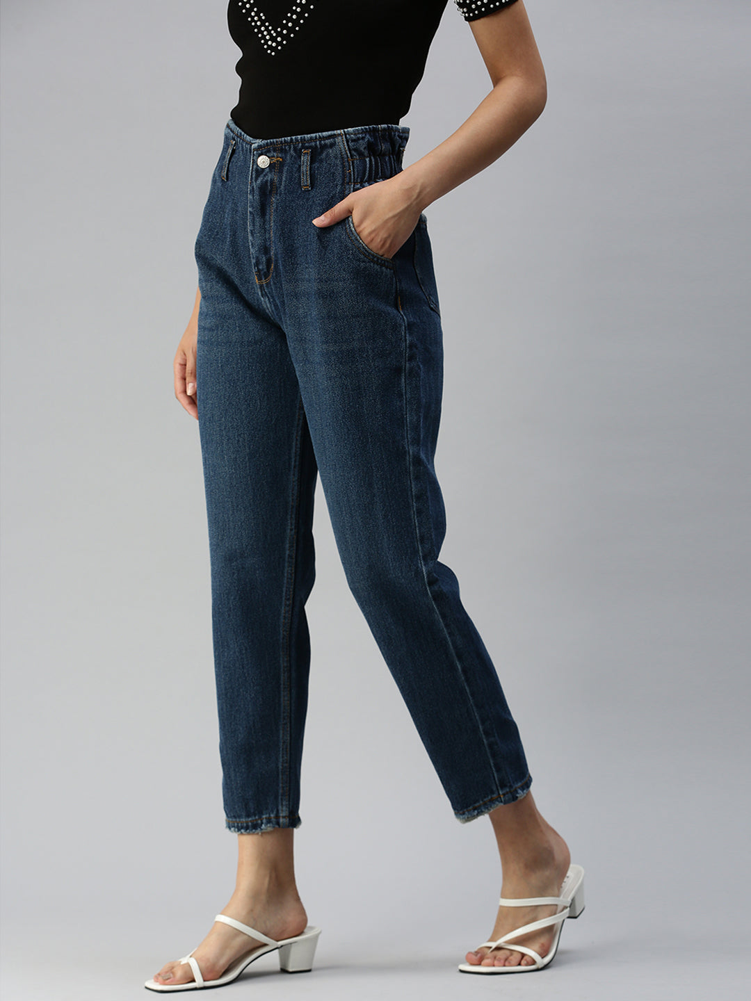 Women's Blue Solid Mom Fit Denim Jeans