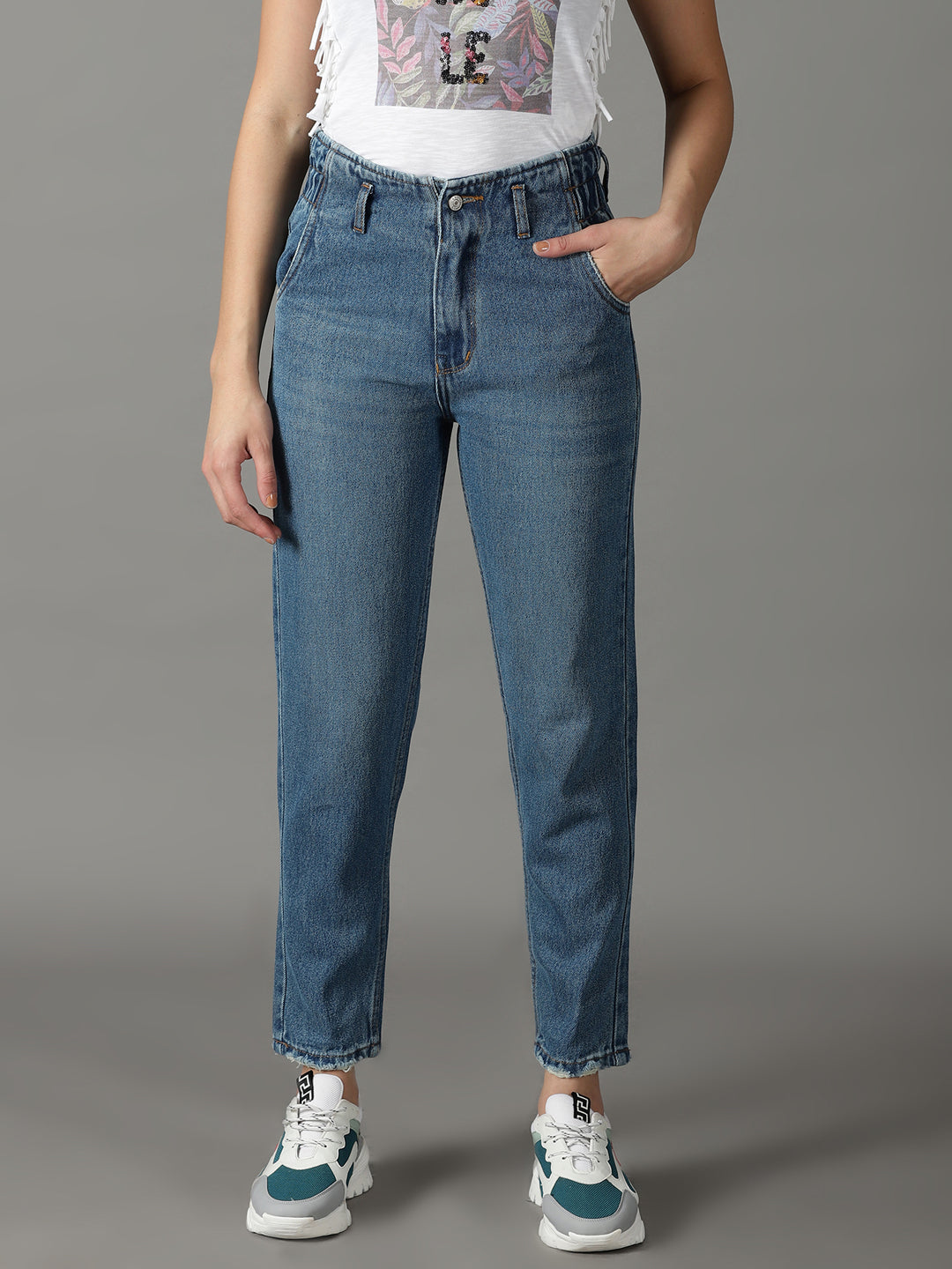 Women's Blue Solid Mom Fit Denim Jeans