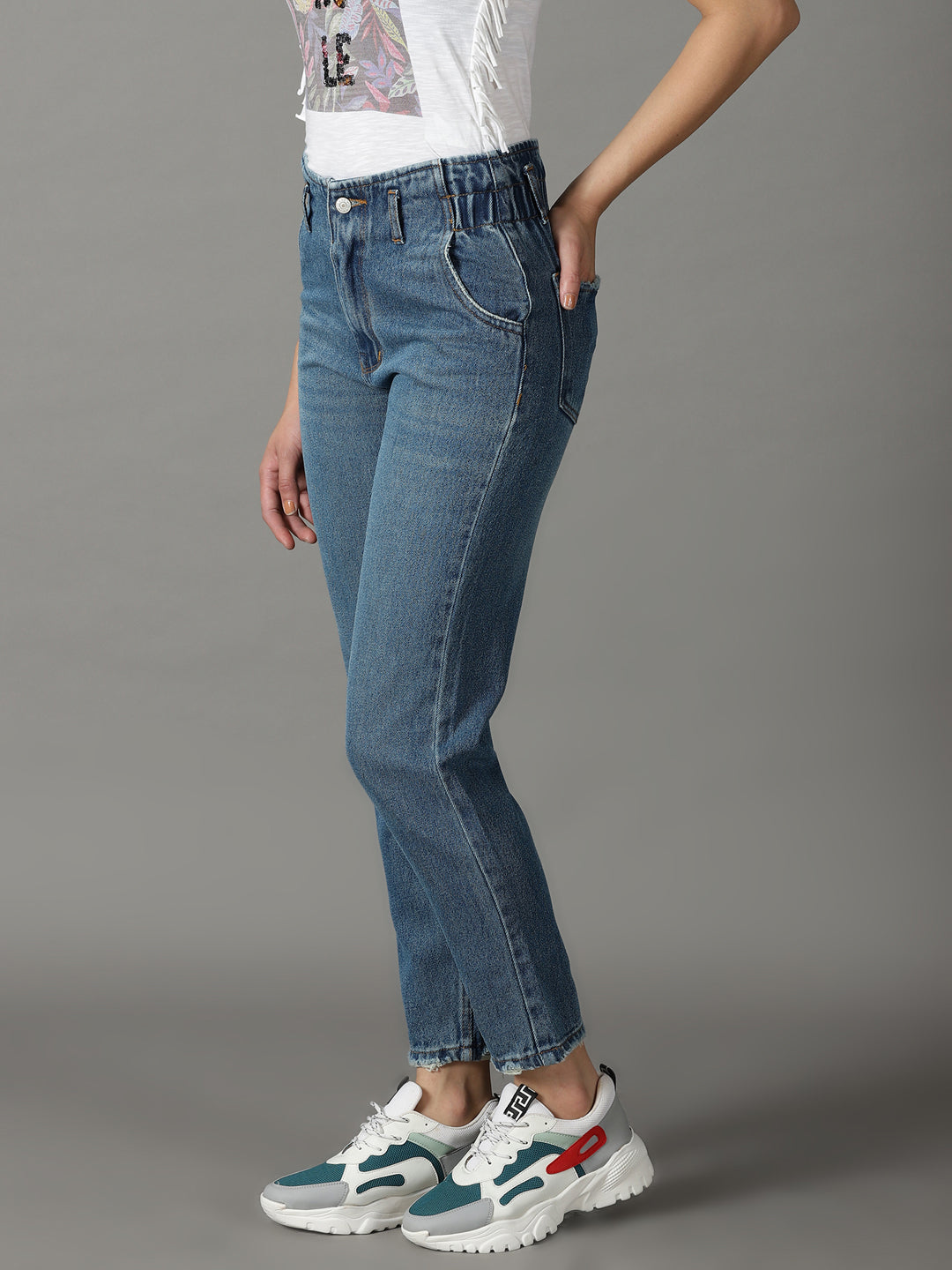 Women's Blue Solid Mom Fit Denim Jeans