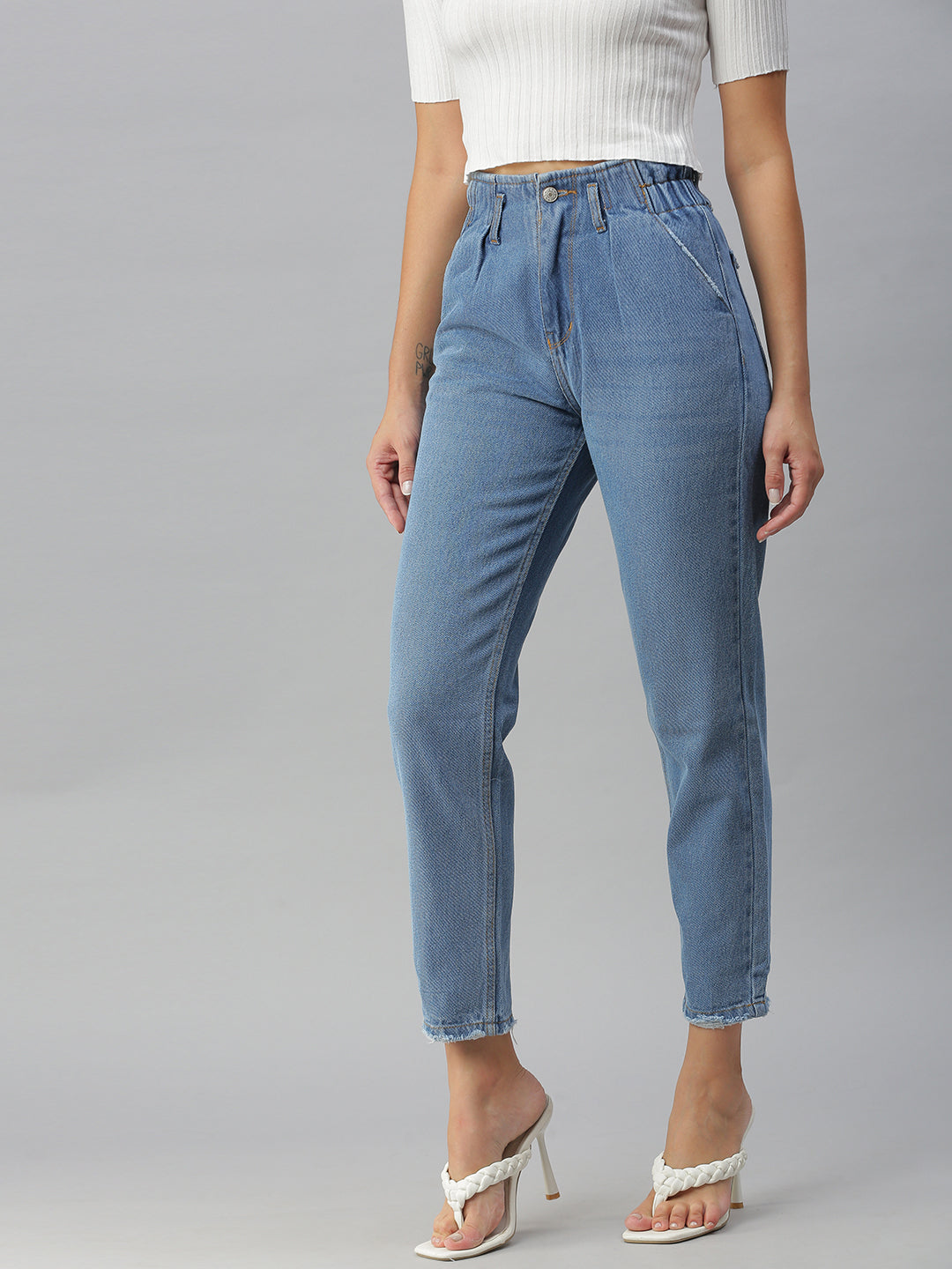 Women's Blue Solid Mom Fit Denim Jeans