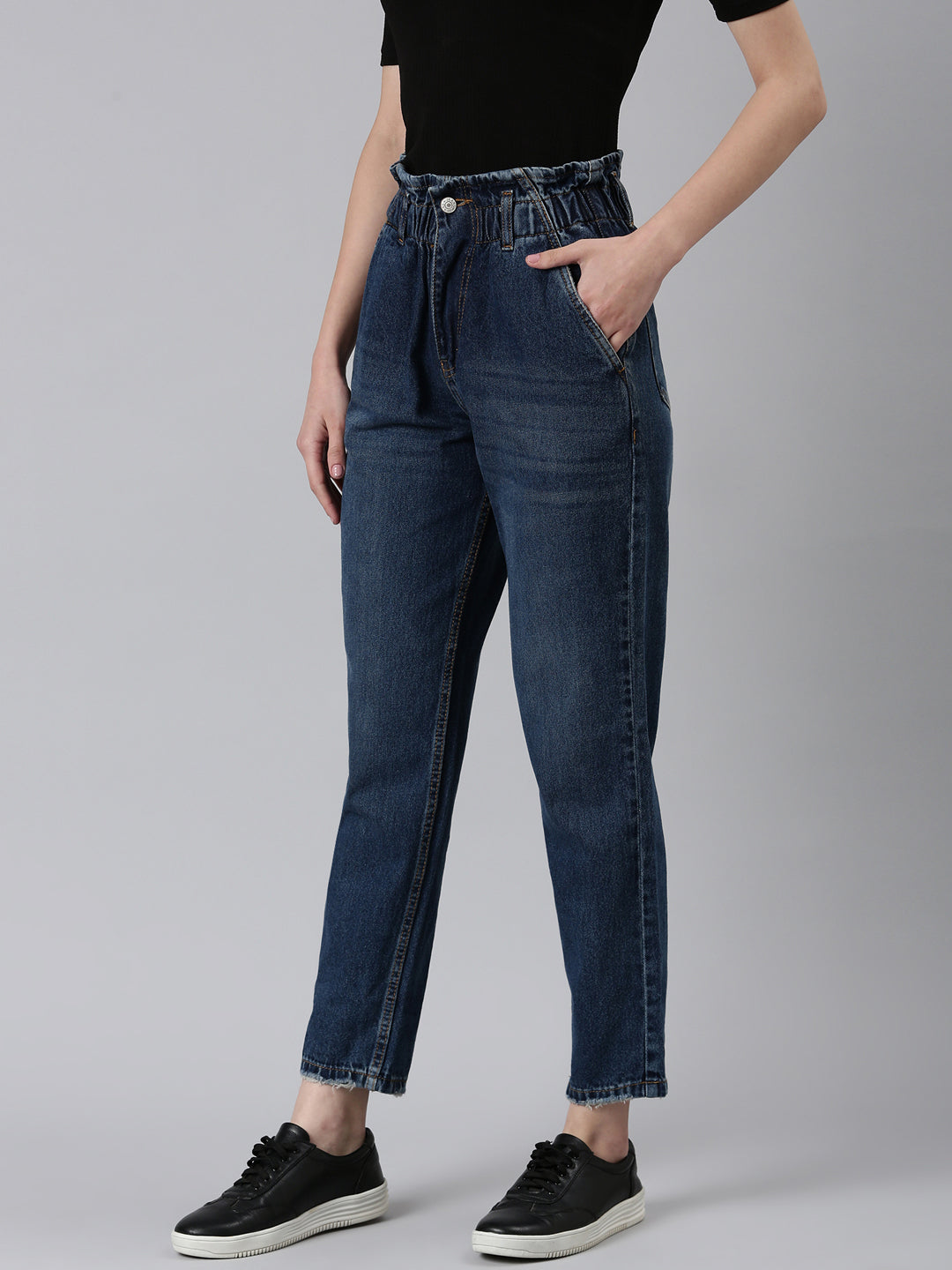 Women Blue Solid Regular Fit Denim Jeans