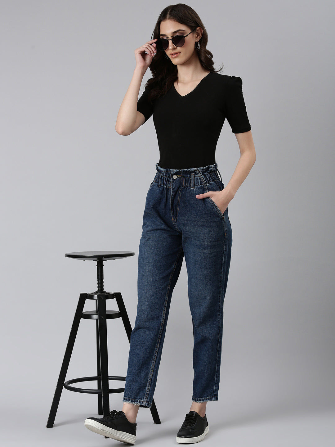 Women Blue Solid Regular Fit Denim Jeans