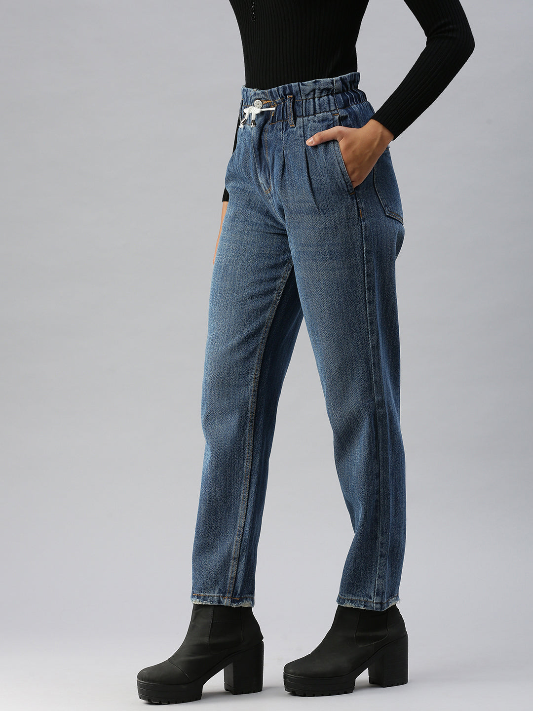 Women's Blue Solid Mom Fit Denim Jeans