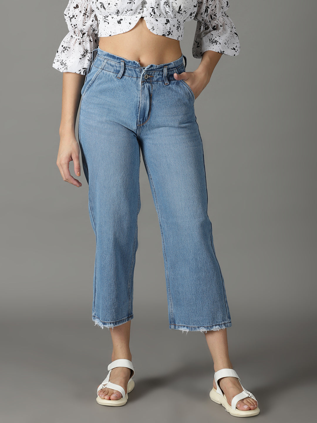 Women's Blue Solid Wide Leg Denim Jeans