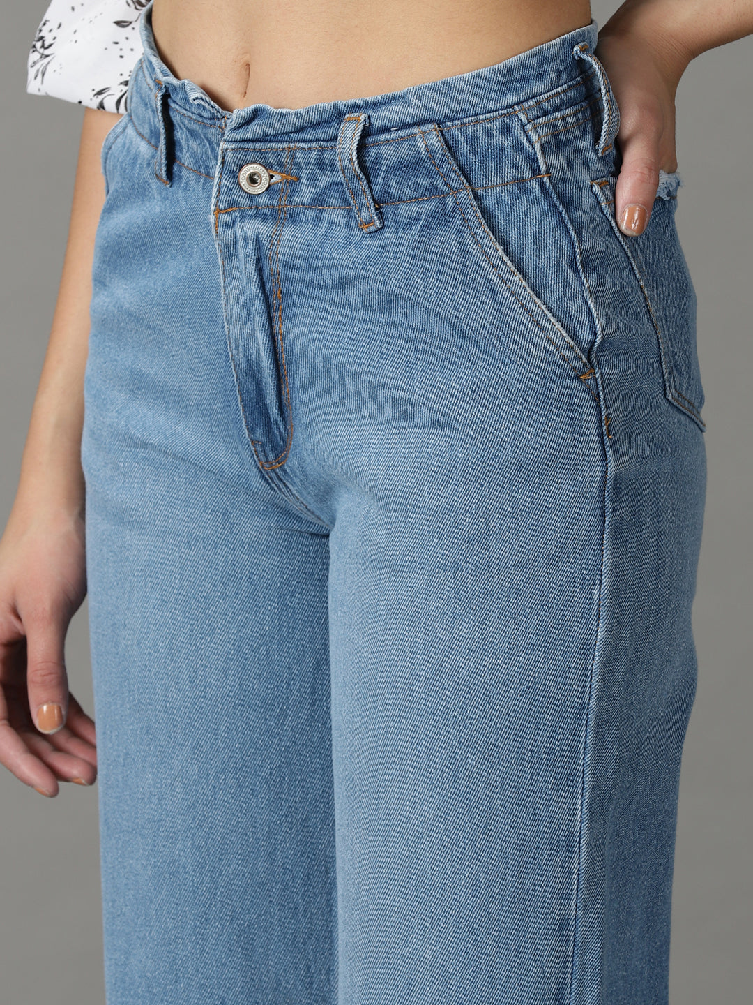 Women's Blue Solid Wide Leg Denim Jeans