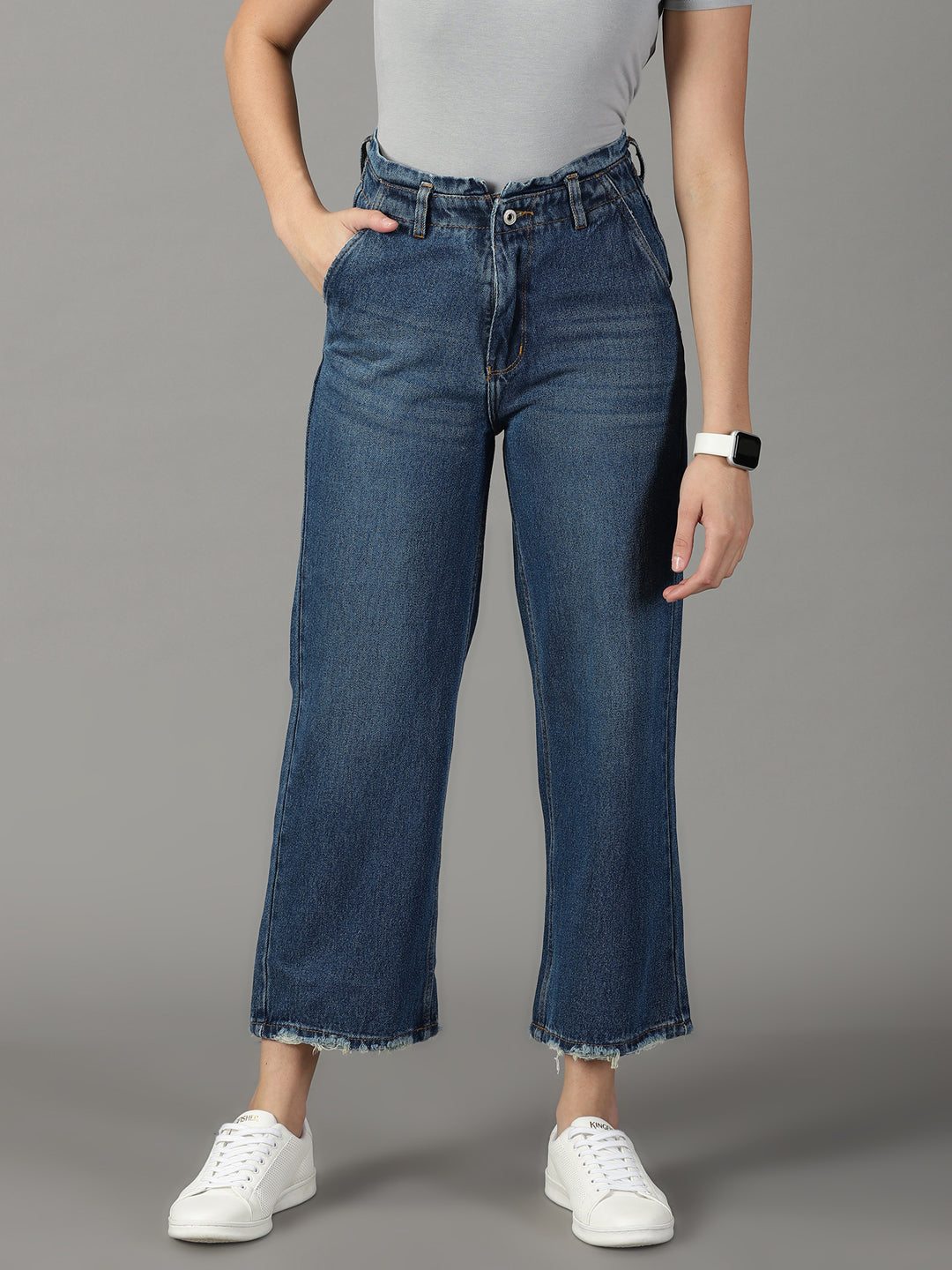 Women's Blue Solid Wide Leg Denim Jeans