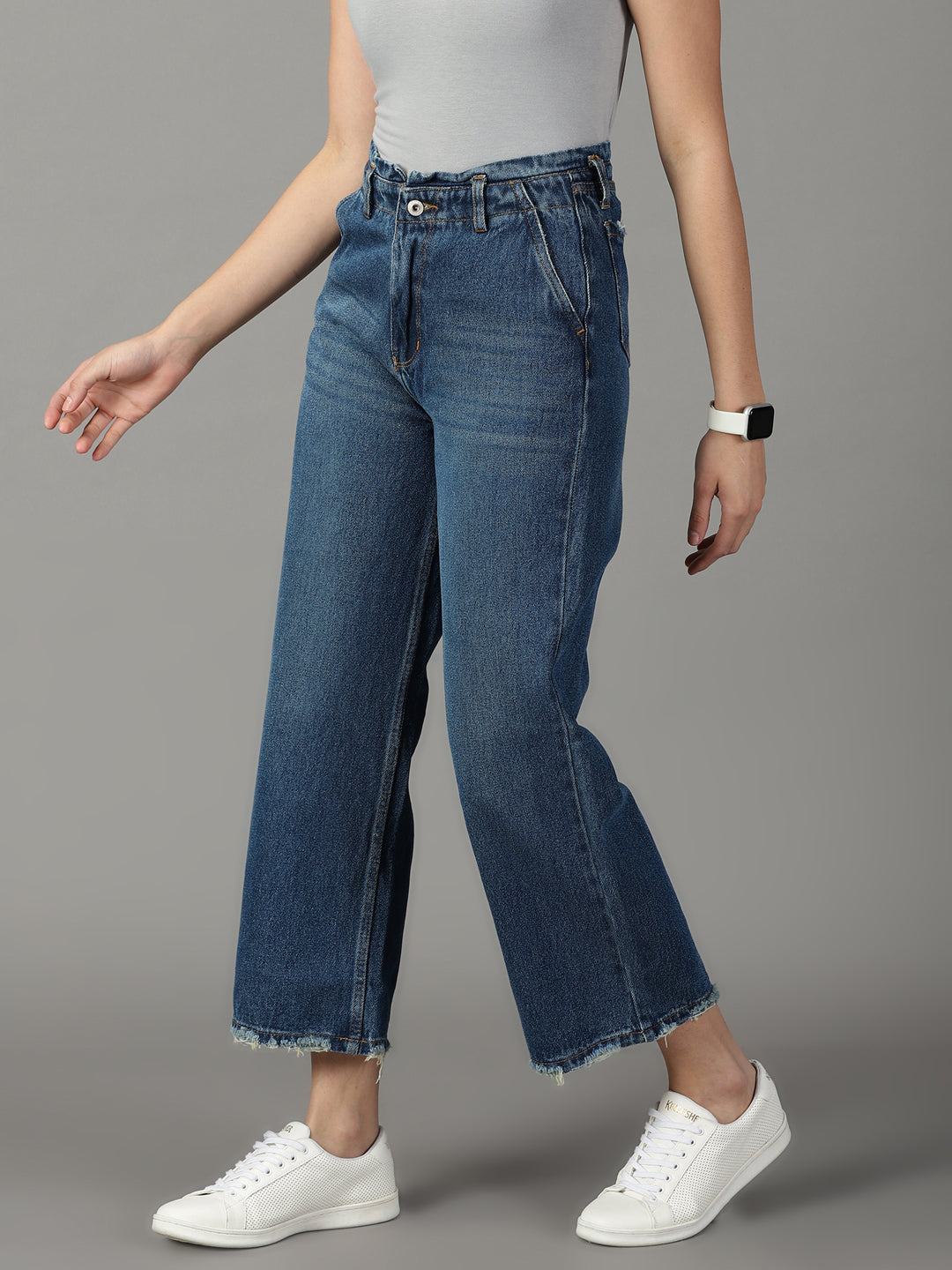 Women's Blue Solid Wide Leg Denim Jeans