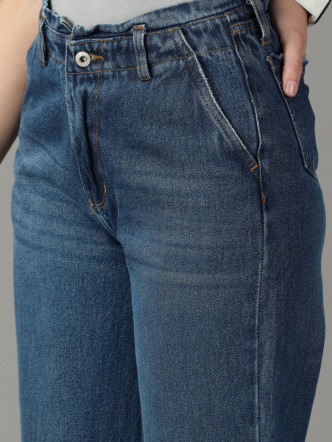 Women's Blue Solid Wide Leg Denim Jeans