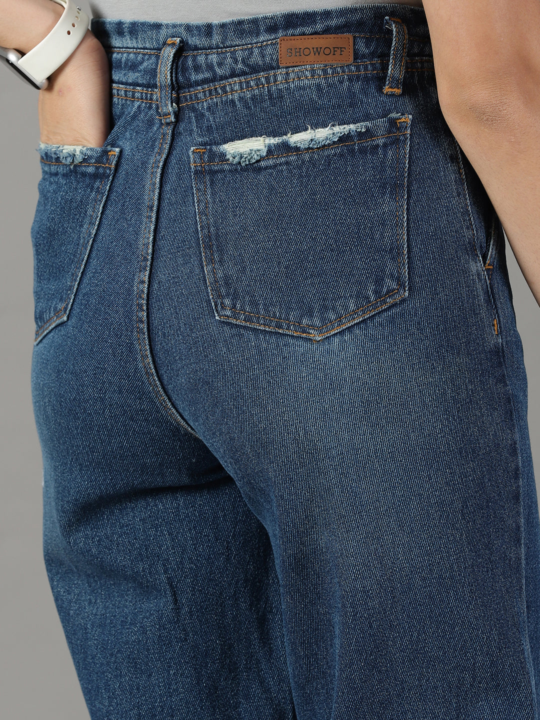 Women's Blue Solid Wide Leg Denim Jeans