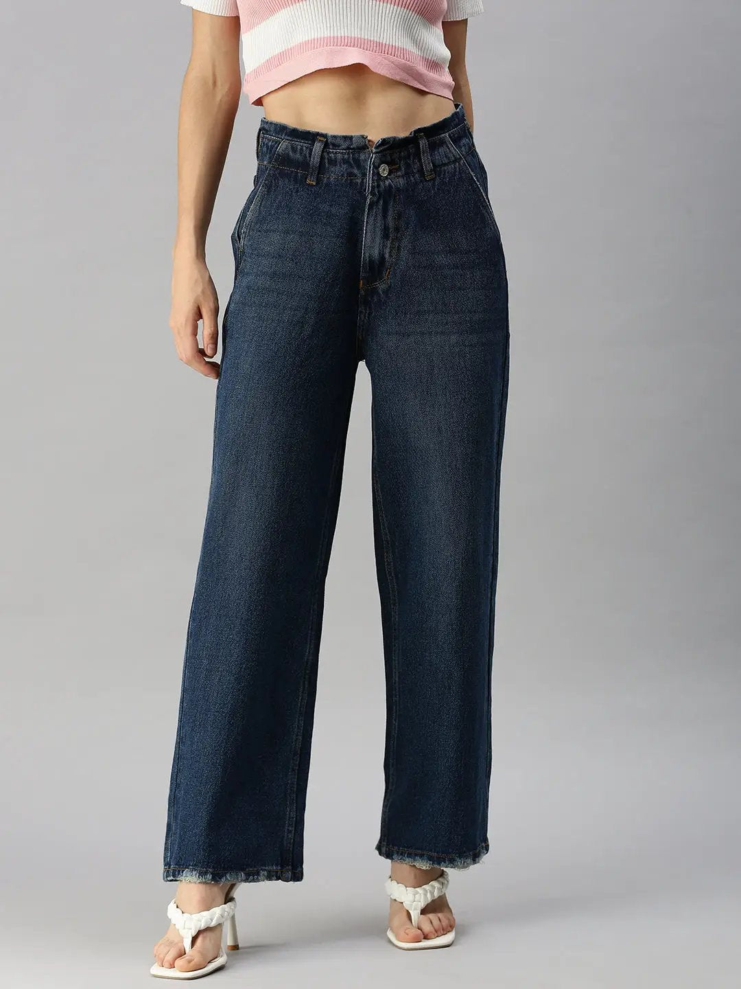Women's Blue Wide Leg High-Rise Light Fade Denim Jeans