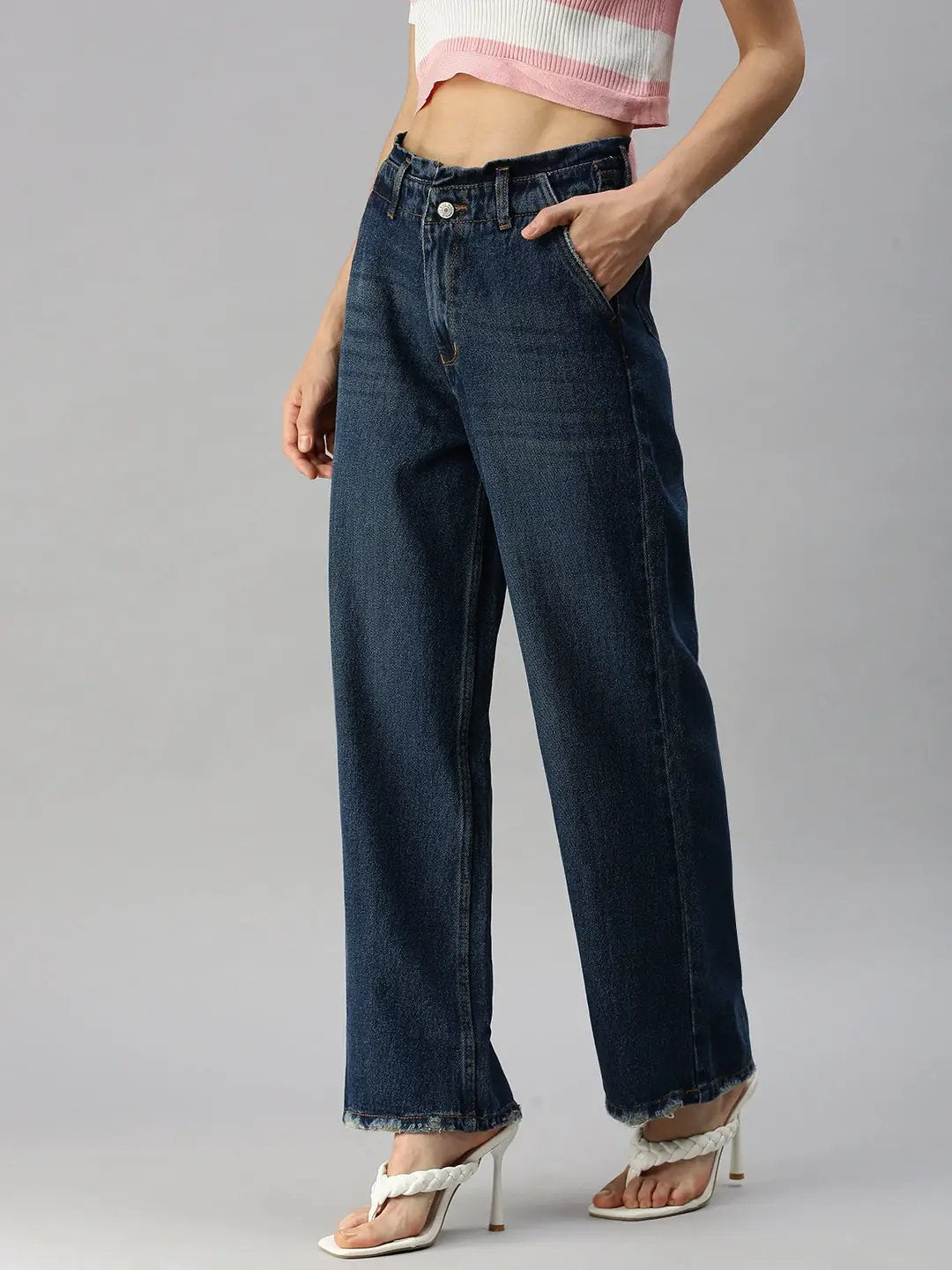 Women's Blue Wide Leg High-Rise Light Fade Denim Jeans