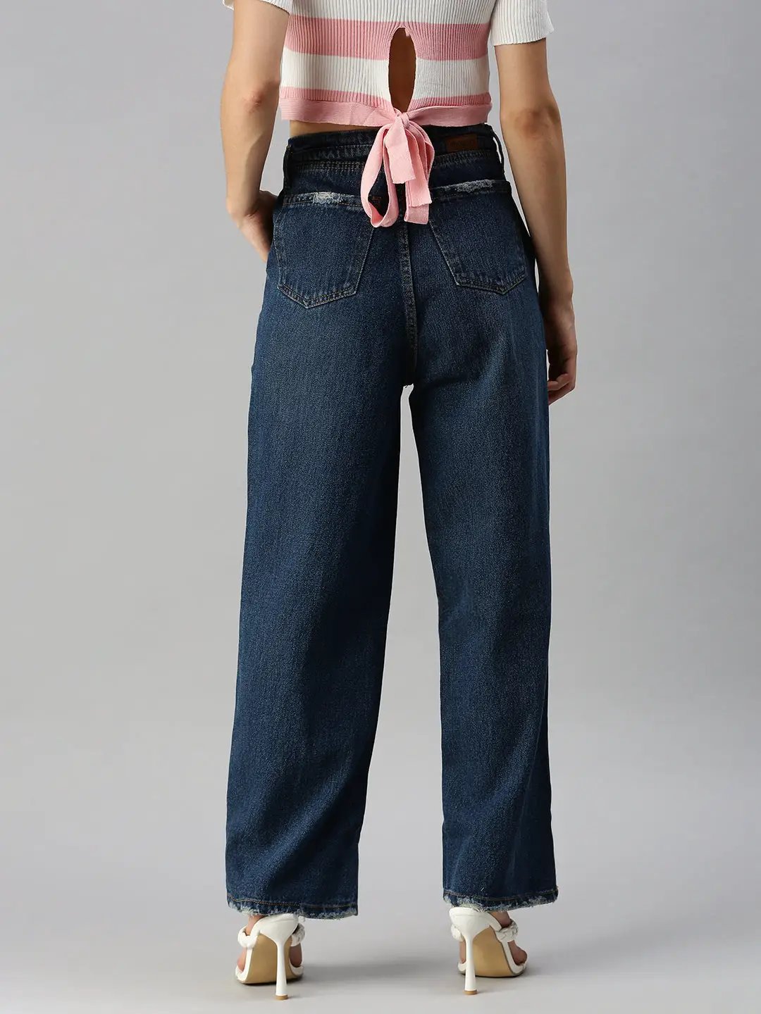 Women's Blue Wide Leg High-Rise Light Fade Denim Jeans