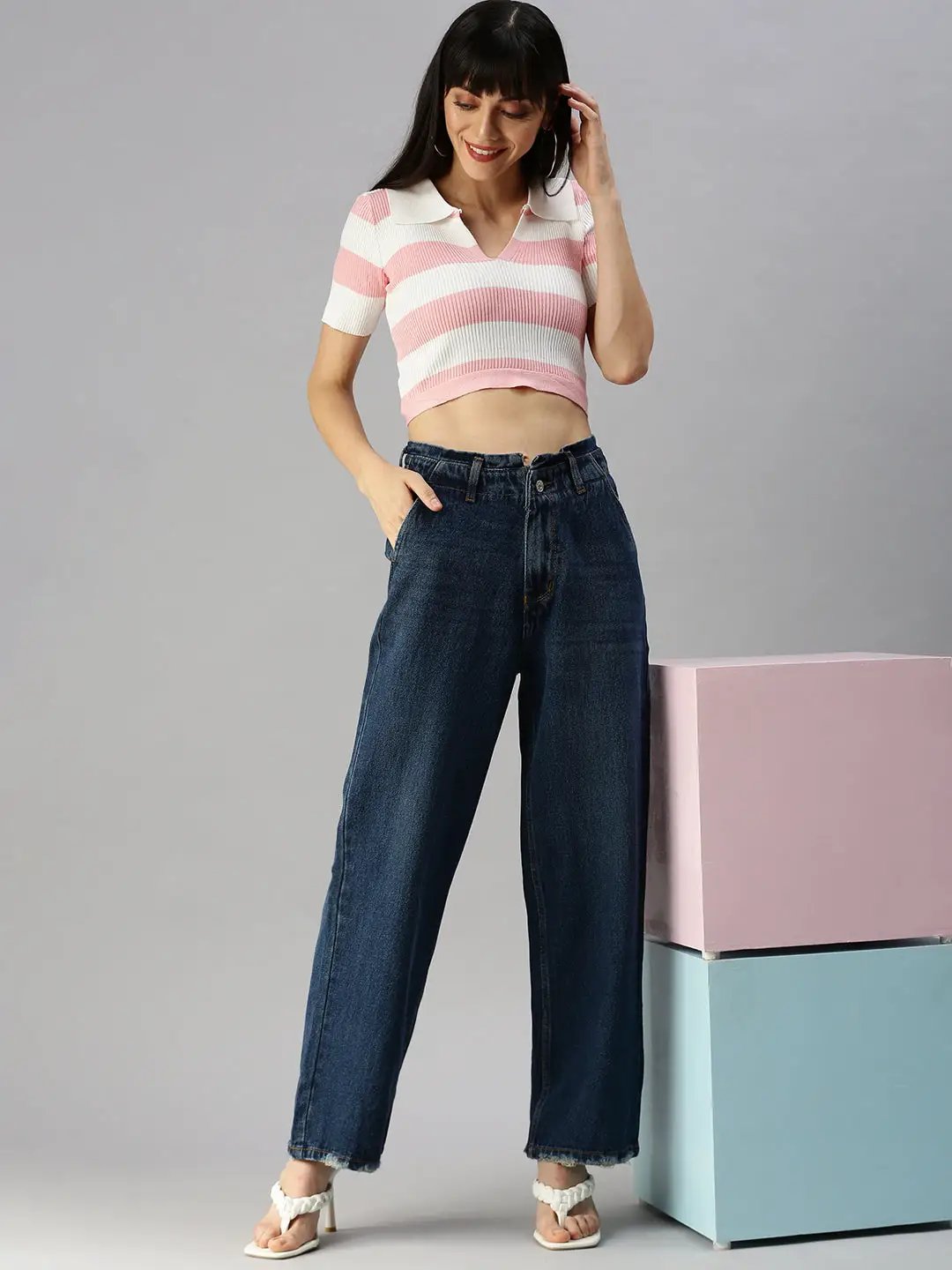 Women's Blue Wide Leg High-Rise Light Fade Denim Jeans