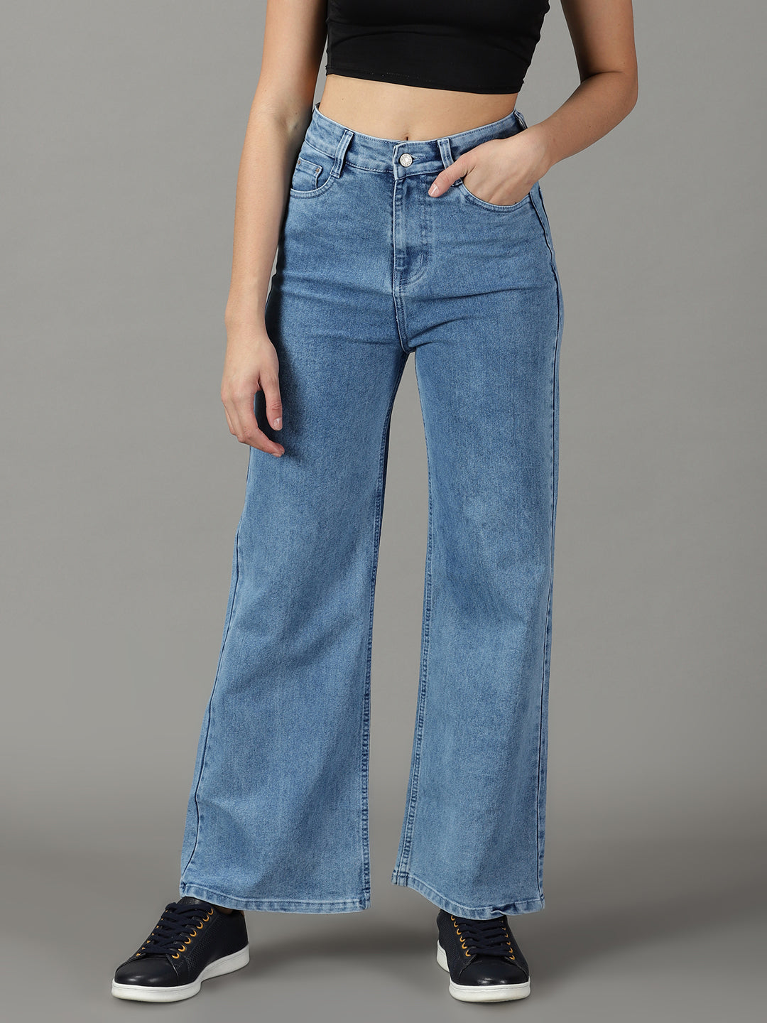 Women's Blue Solid Wide Leg Denim Jeans