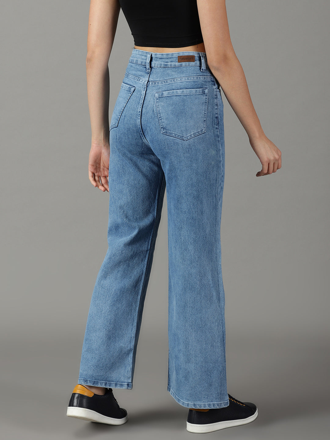 Women's Blue Solid Wide Leg Denim Jeans