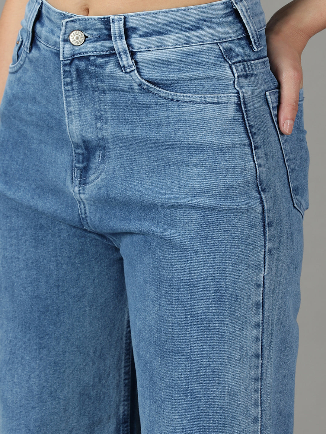 Women's Blue Solid Wide Leg Denim Jeans