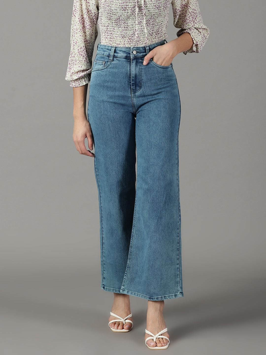 Women's Blue Solid Wide Leg Denim Jeans