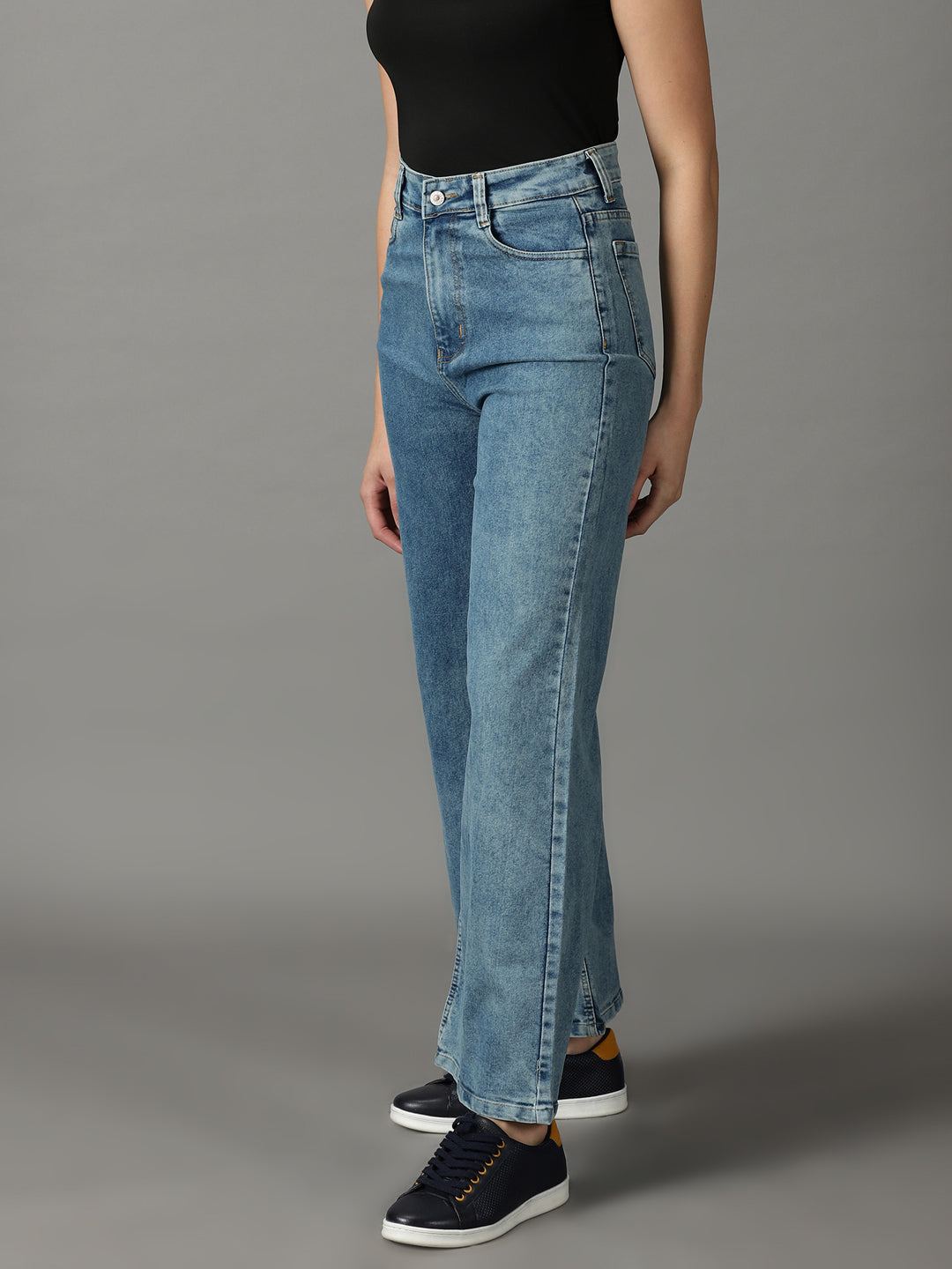 Women's Blue Solid Wide Leg Denim Jeans